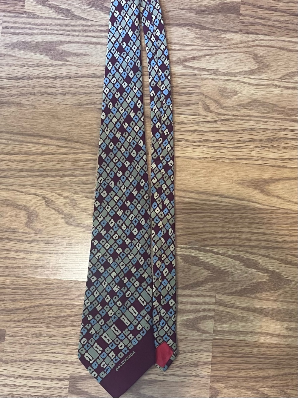 Balenciaga Burgundy Silk Tie with Light Blue and Cream Geometric Motif